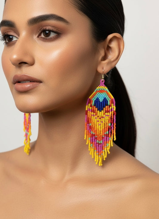 Pink Peacock Feather Handmade Beaded Tassel Bird Earrings