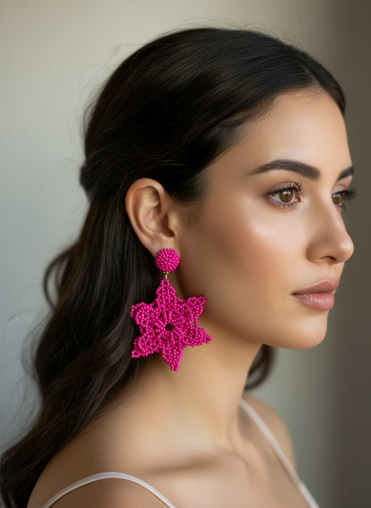 Fuchsia Delicate Snowflake Handmade Beaded Earrings