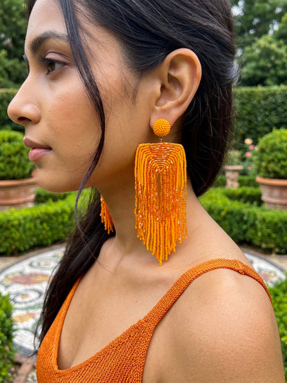 Luxe Sunset Orange Handmade Beaded Tassel Earrings