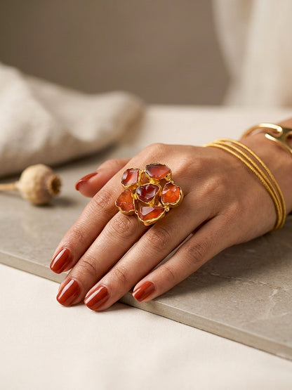 Agate Rust Orange Natural Stone Handmade Brass Ring
