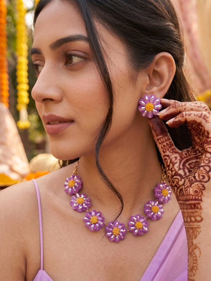 Sparkling Lilac Purple Daisy Handmade Beaded Necklace + Earrings Set
