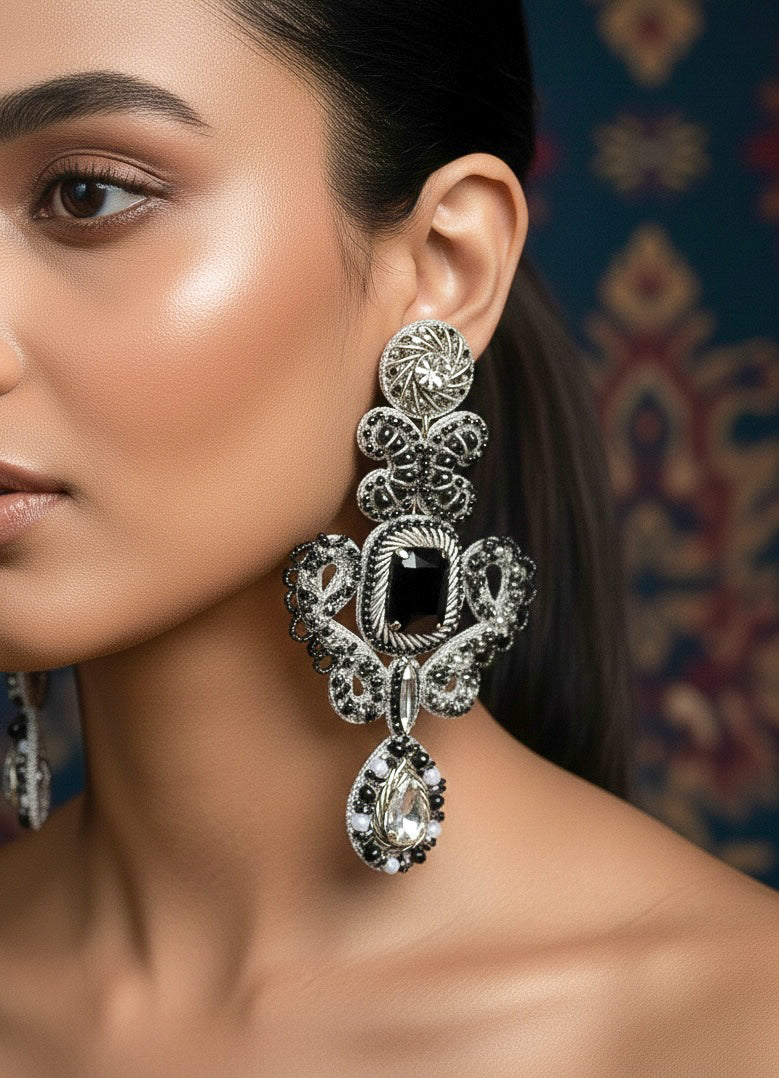 Aashna Silver Black Handmade Beaded Statement Earrings