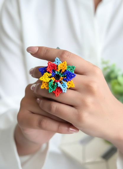 Blossoming Rainbow Flower Handmade Beaded Ring