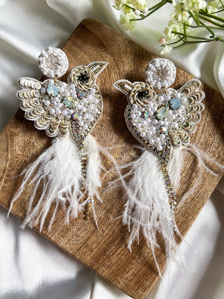 Glamorous Ivory Birdies Handmade Beaded Bird Earrings