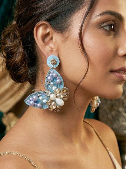 Luxe Crystal Blue Handmade Beaded Butterfly Earrings