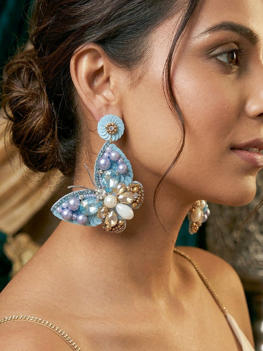Luxe Crystal Blue Handmade Beaded Butterfly Earrings
