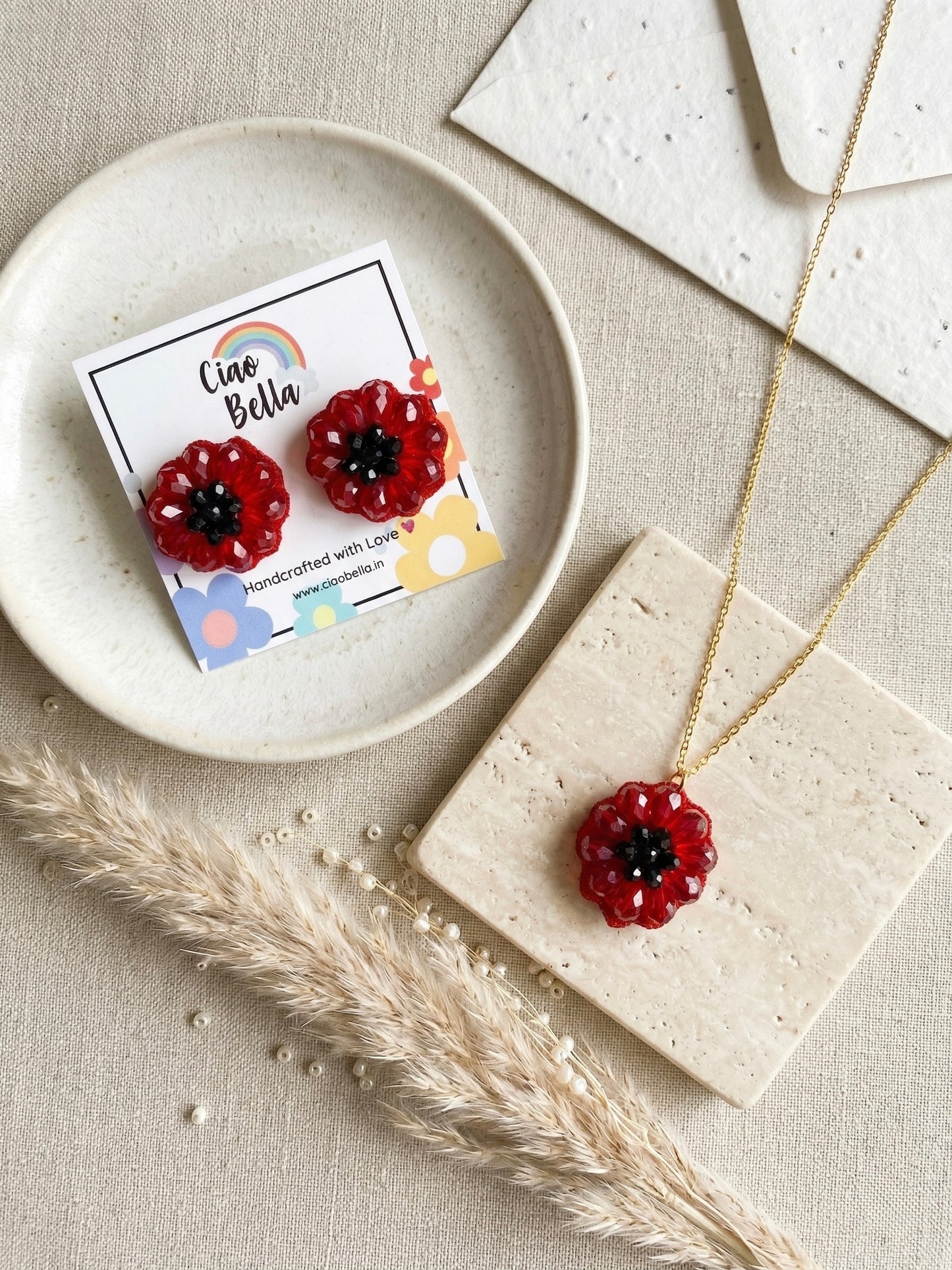Sparkling Red Flower Handmade Beaded Necklace + Earrings Set