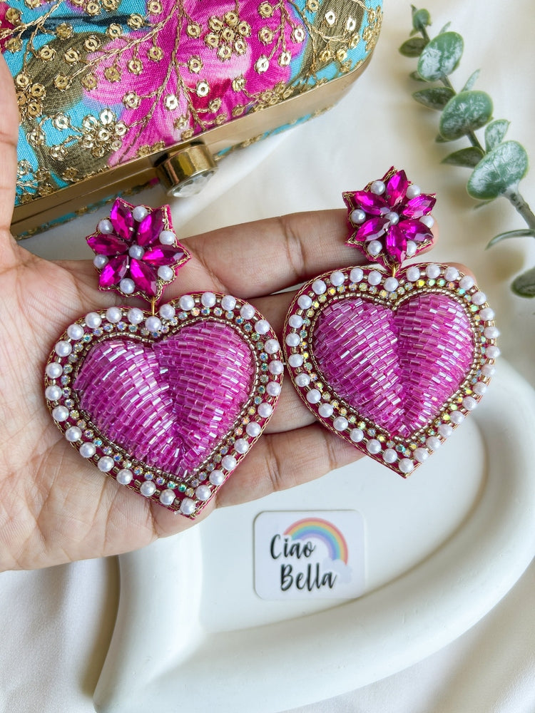 Ishqiya Pink Heart Drop Handmade Beaded Earrings