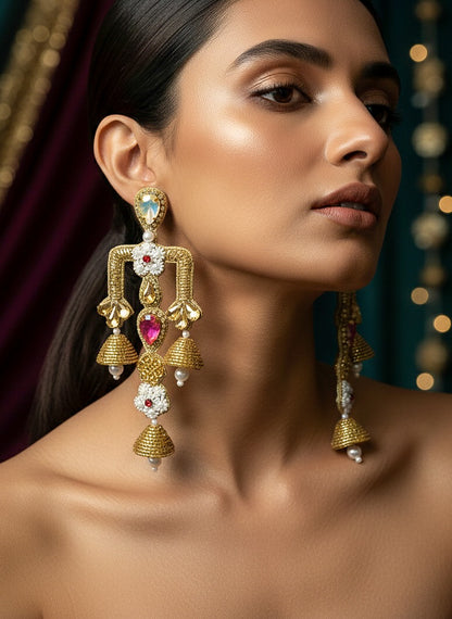 Rajwada Yellow Pink Danglers Handmade Beaded Statement Earrings