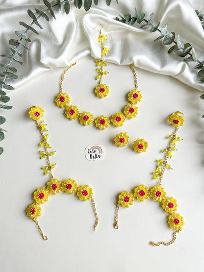 Sparkling Yellow Pink Daisy Flower Handmade Beaded Haldi Jewellery Set (Necklace + Earrings + Hathphools + Maangtika)