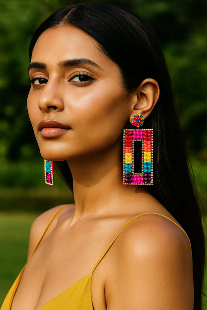 Vibrant Rainbow Drop Handmade Beaded Earrings