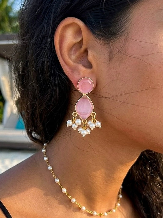 Gem Drop – Blush Pink Handmade Brass Earrings