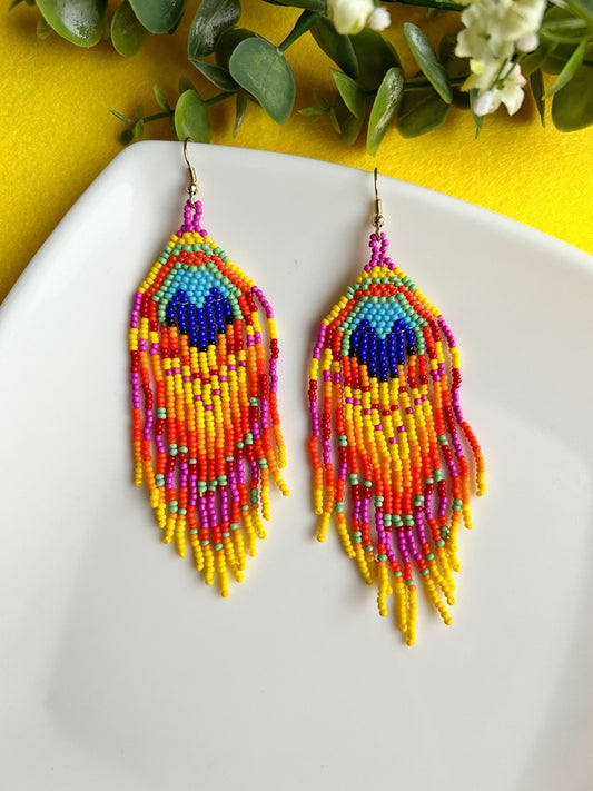 Pink Peacock Feather Handmade Beaded Tassel Bird Earrings