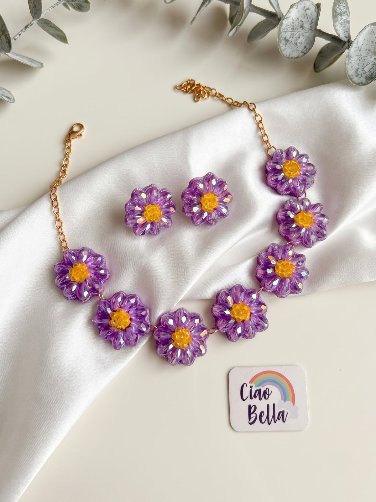 Sparkling Lilac Purple Daisy Handmade Beaded Necklace + Earrings Set