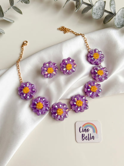 Sparkling Lilac Purple Daisy Handmade Beaded Necklace + Earrings Set
