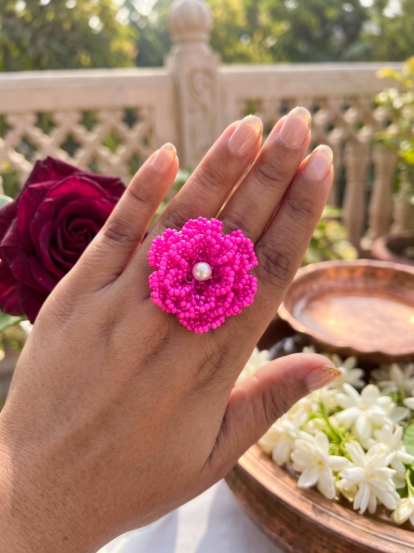 Crochet Pink 3D Rose Flower Handmade Beaded Ring
