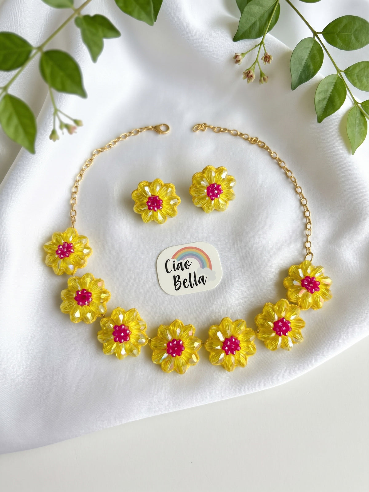 Sparkling Yellow Pink Daisy Handmade Beaded Necklace + Earrings Set