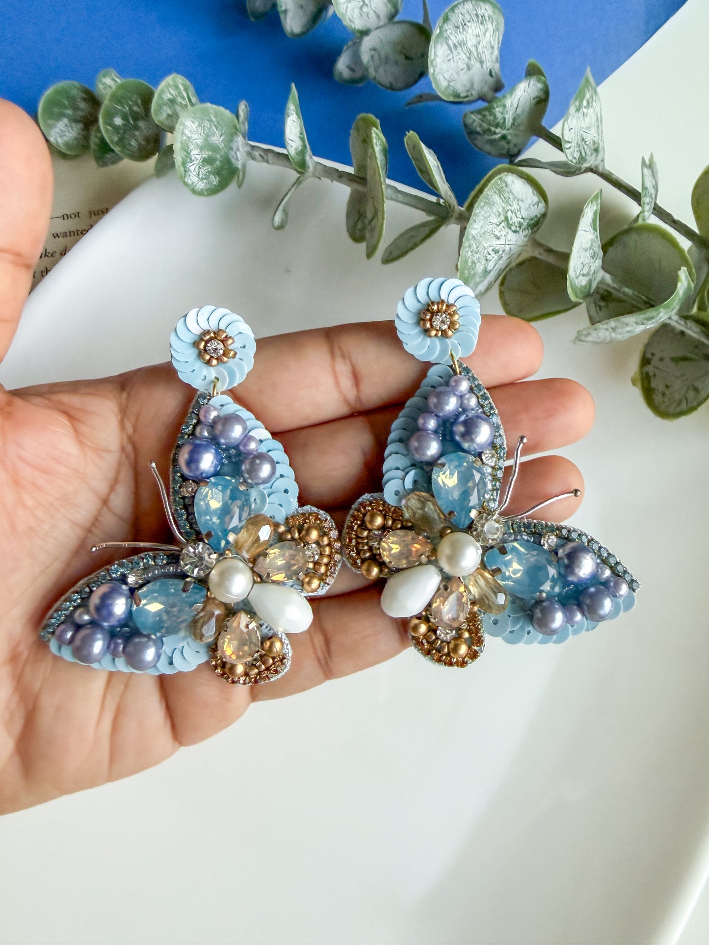 Luxe Crystal Blue Handmade Beaded Butterfly Earrings