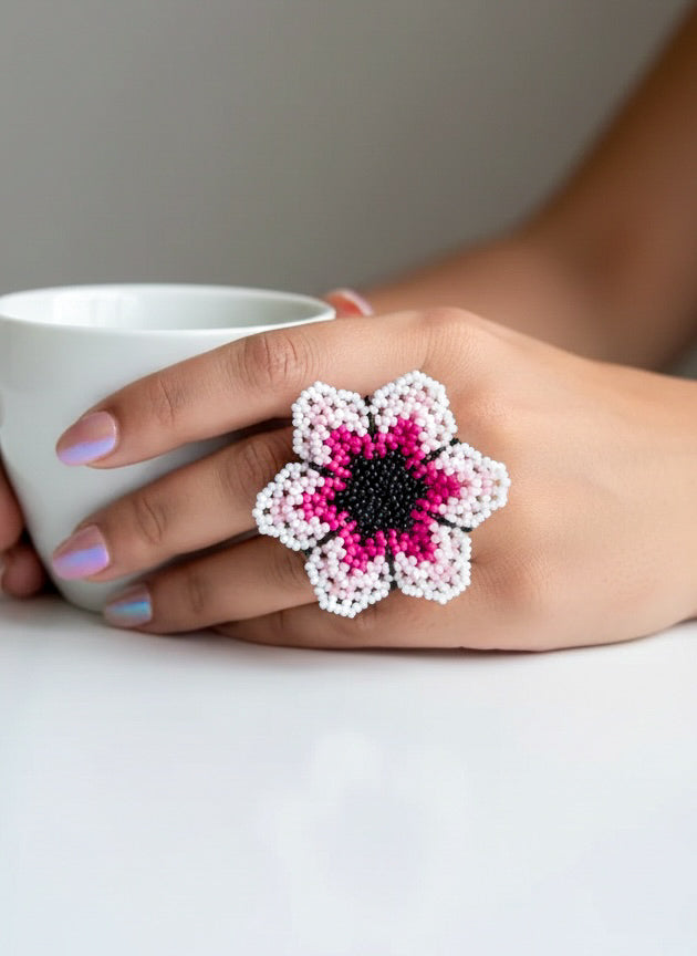 Blossoming Pink Flower Handmade Beaded Ring