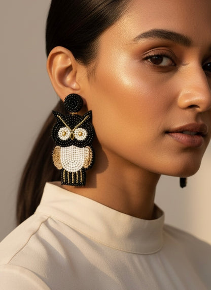 Golden Owl Handmade Beaded Bird Earrings