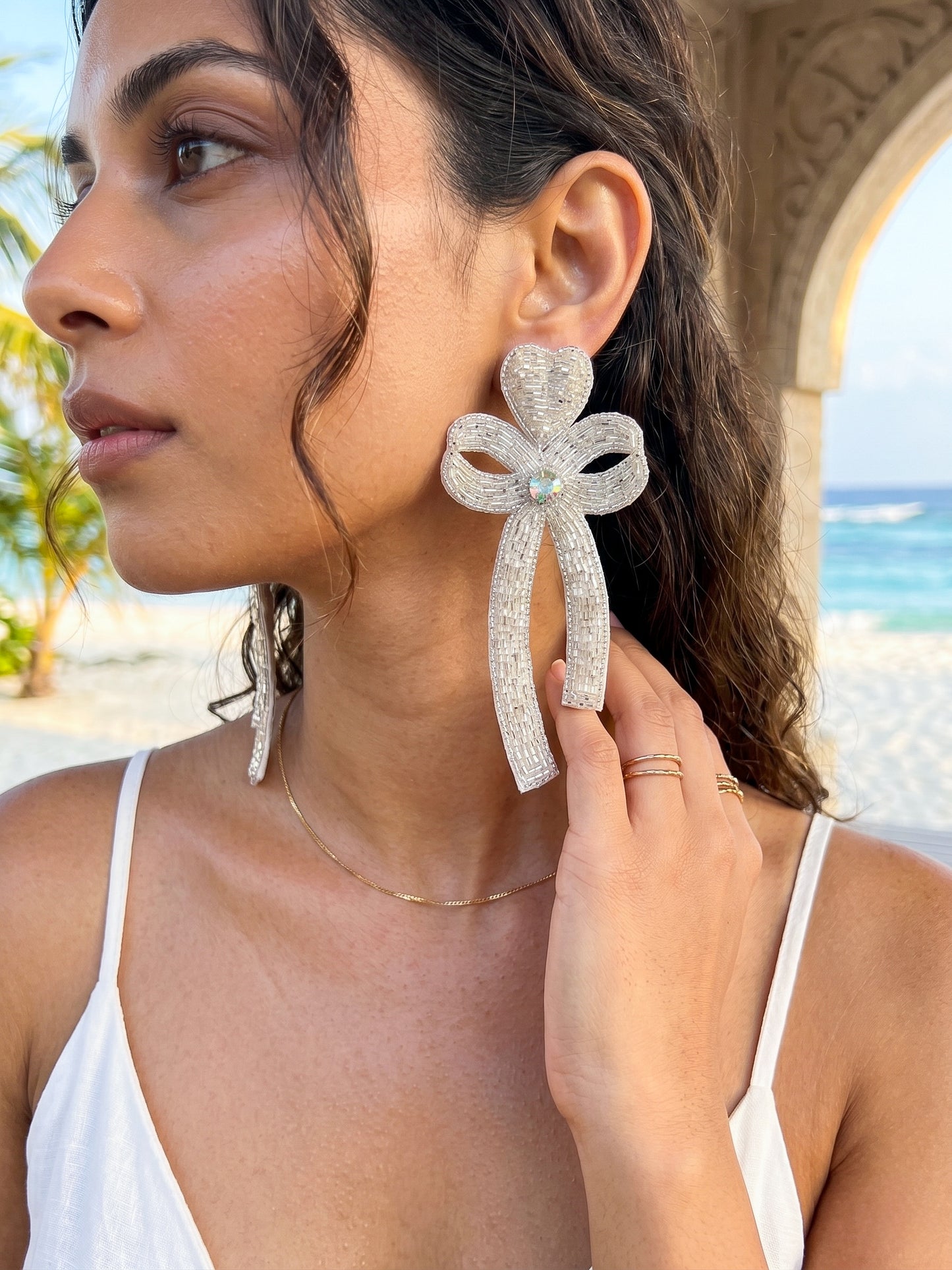 Glam Bow (Silver) Handmade Beaded Earrings