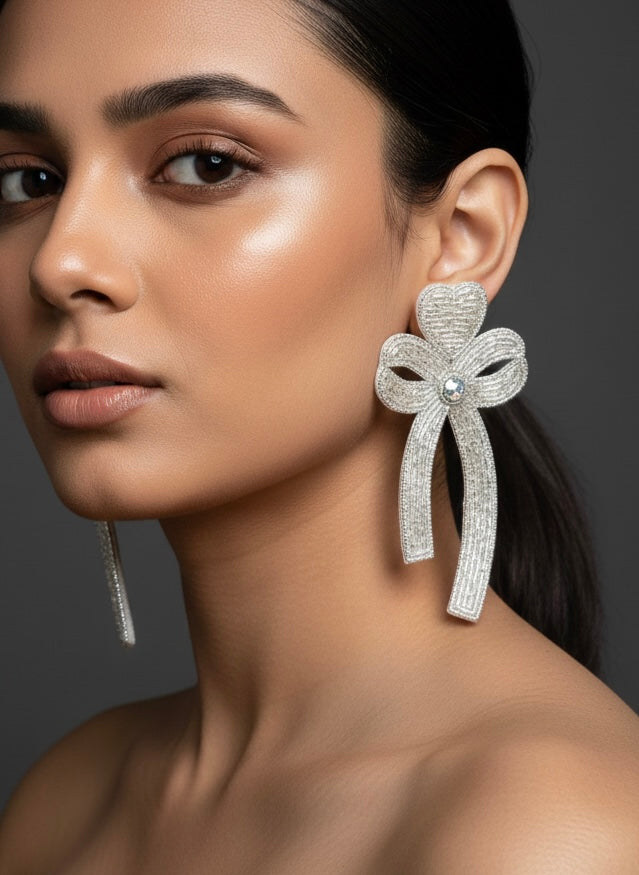 Glam Bow (Silver) Handmade Beaded Earrings