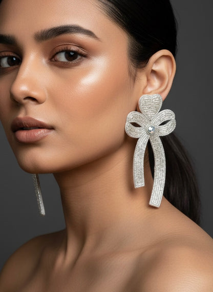 Glam Bow (Silver) Handmade Beaded Earrings