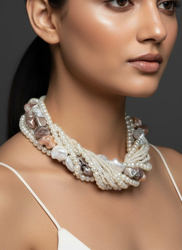 Celeste Pearl Handmade Necklace - Ivory & Peach