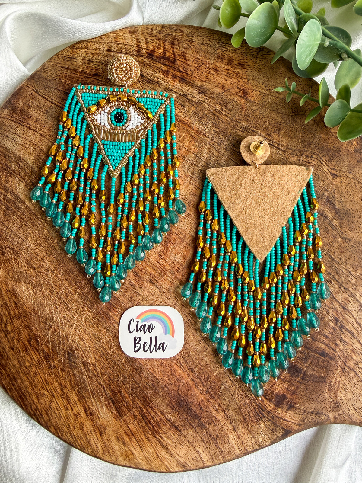 Luxe Evil Eye Teal Blue Handmade Beaded Tassel Earrings