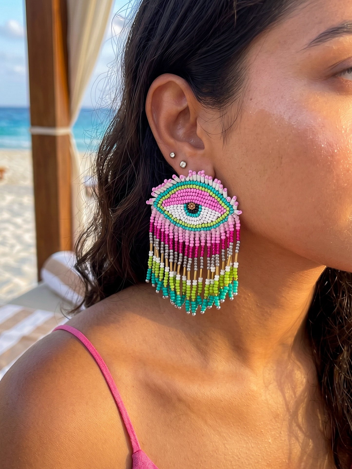 Cotton Candy Pink Evil Eye Handmade Beaded Tassel Earrings