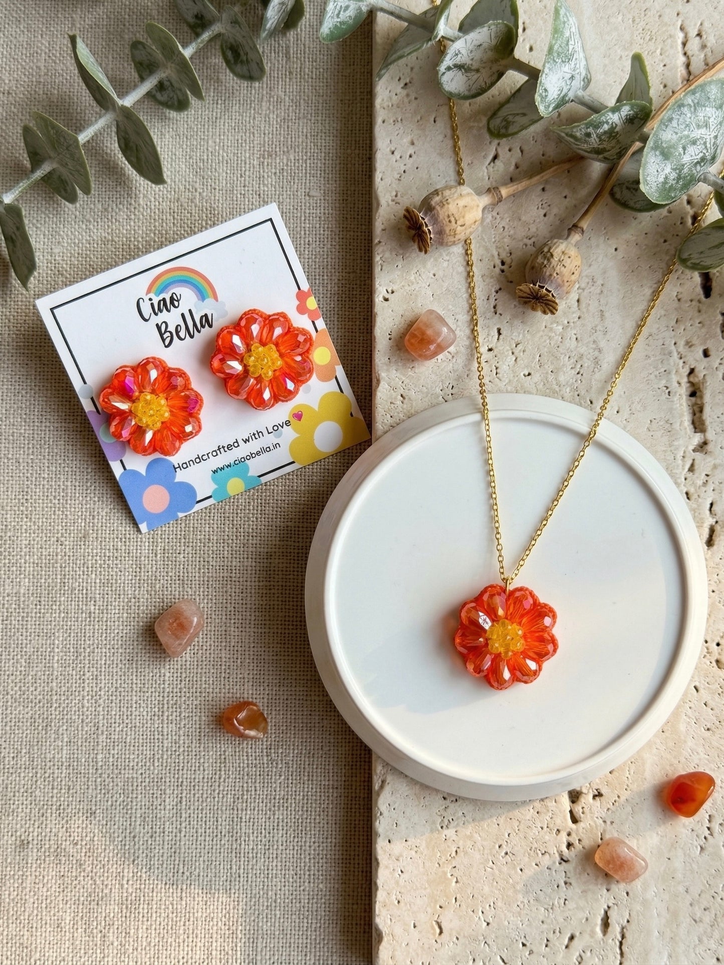 Sparkling Sunset Orange Flower Handmade Beaded Necklace + Earrings Set