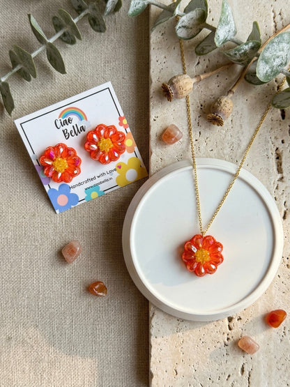 Sparkling Sunset Orange Flower Handmade Beaded Necklace + Earrings Set