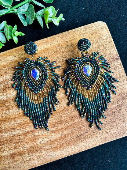 Peacock Dream Feather Handmade Beaded Tassel Earrings