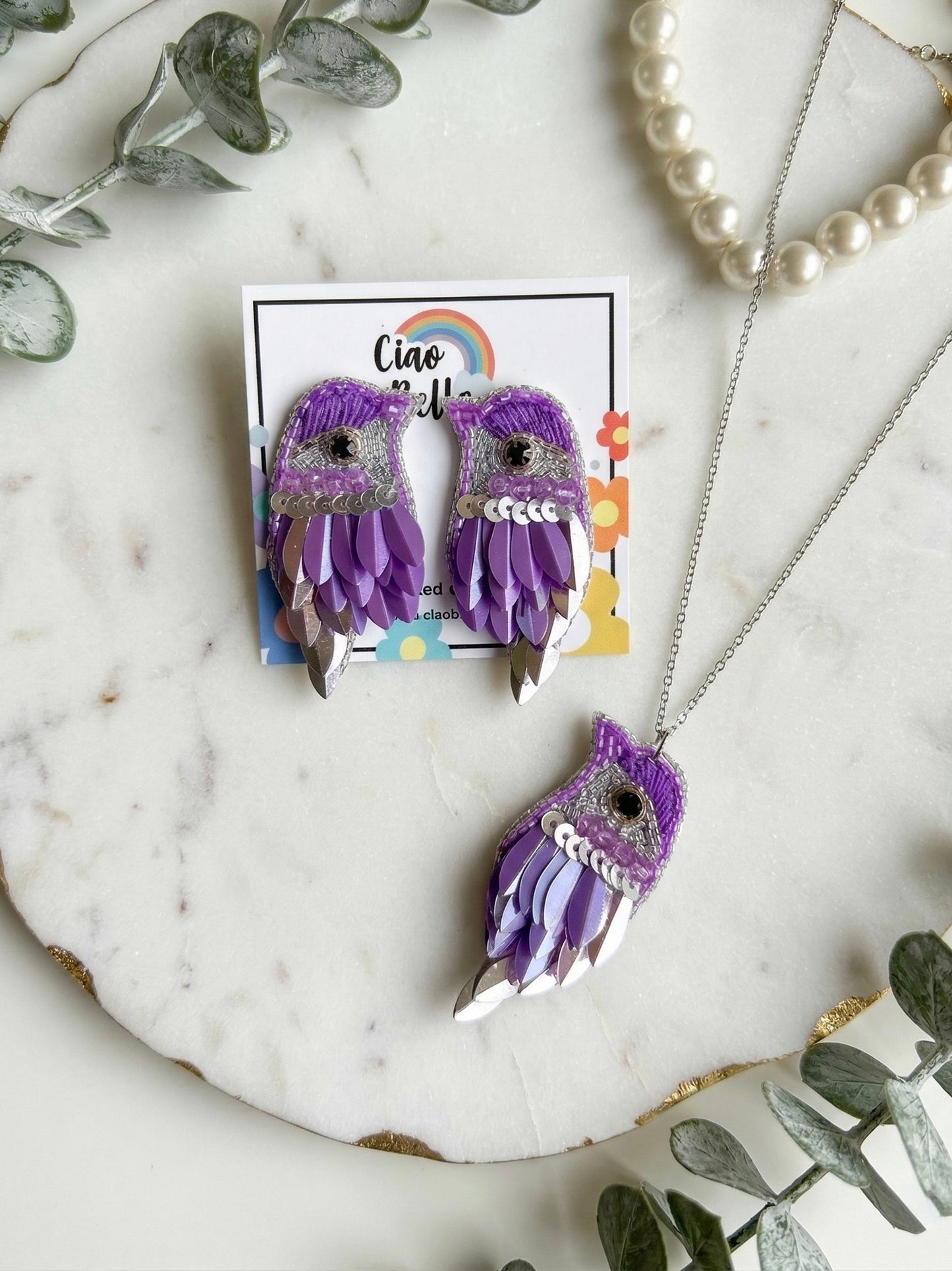 Chirpy Lilac Purple Parrot Handmade Beaded Necklace + Earrings Set