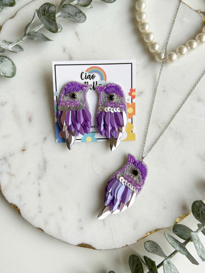 Chirpy Lilac Purple Parrot Handmade Beaded Necklace + Earrings Set