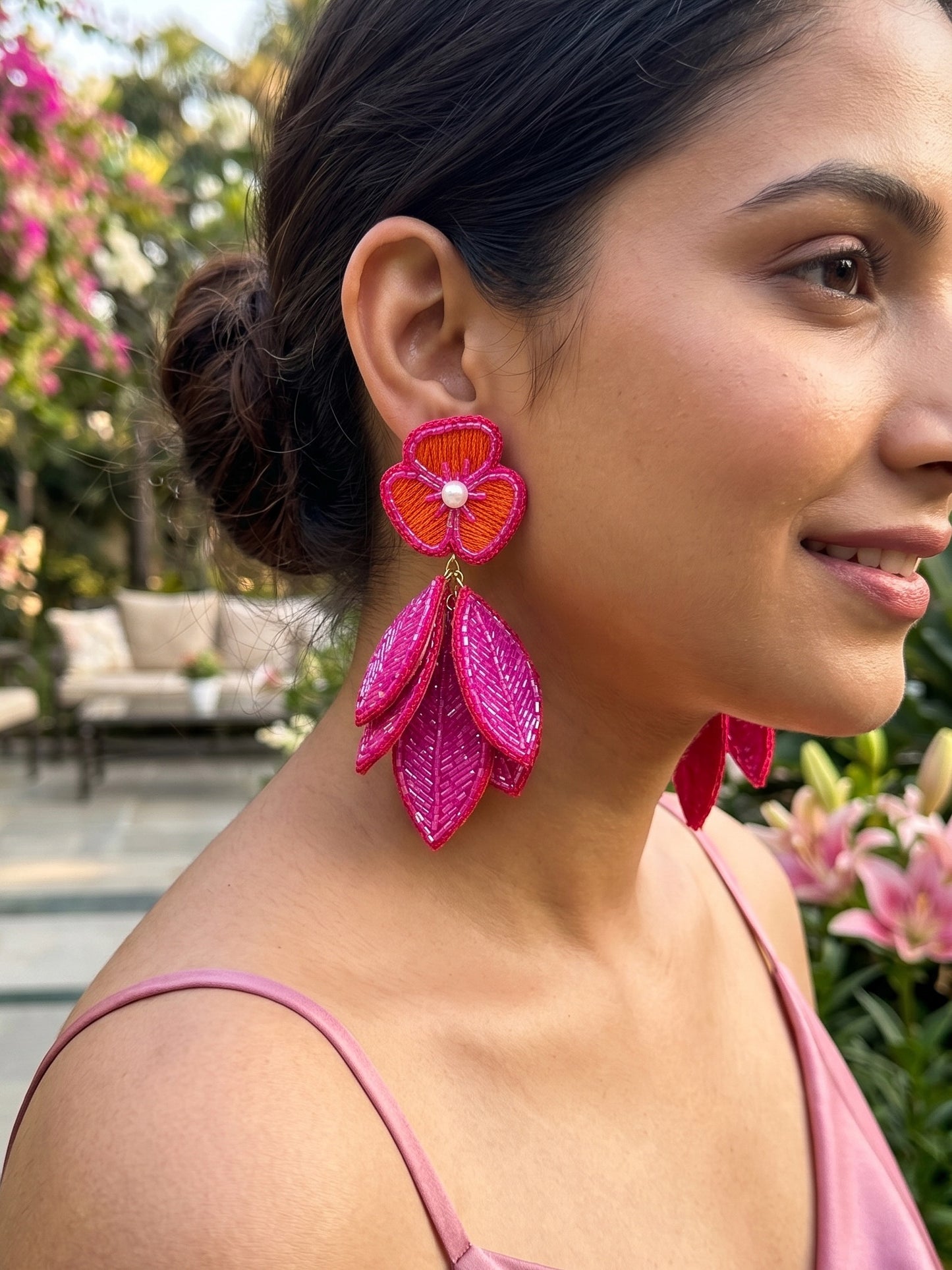 Luxe Leafy Affair Hot Pink Handmade Beaded Butterfly Earrings