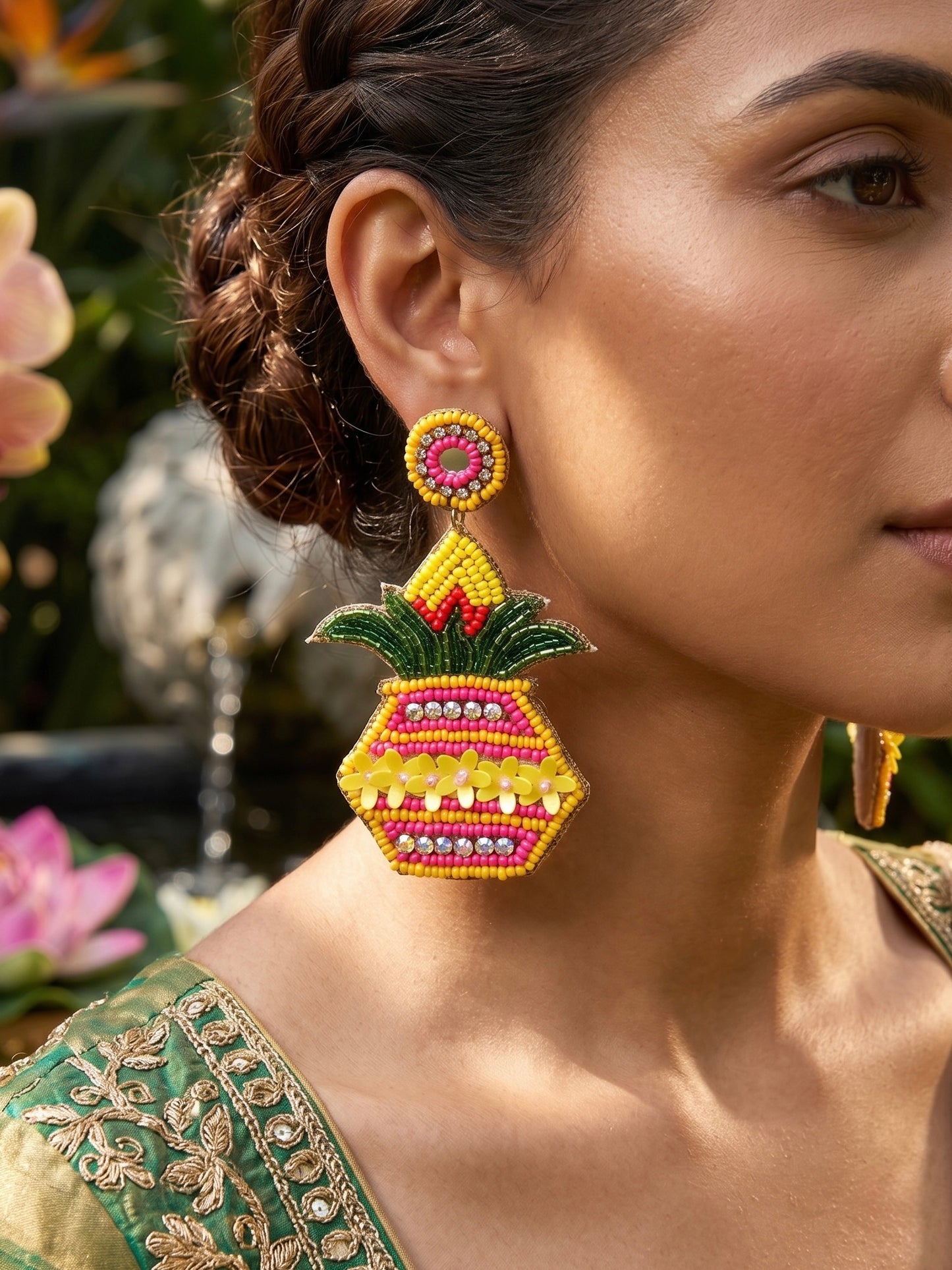 Kalash Yellow Pink Green Handmade Beaded Earrings