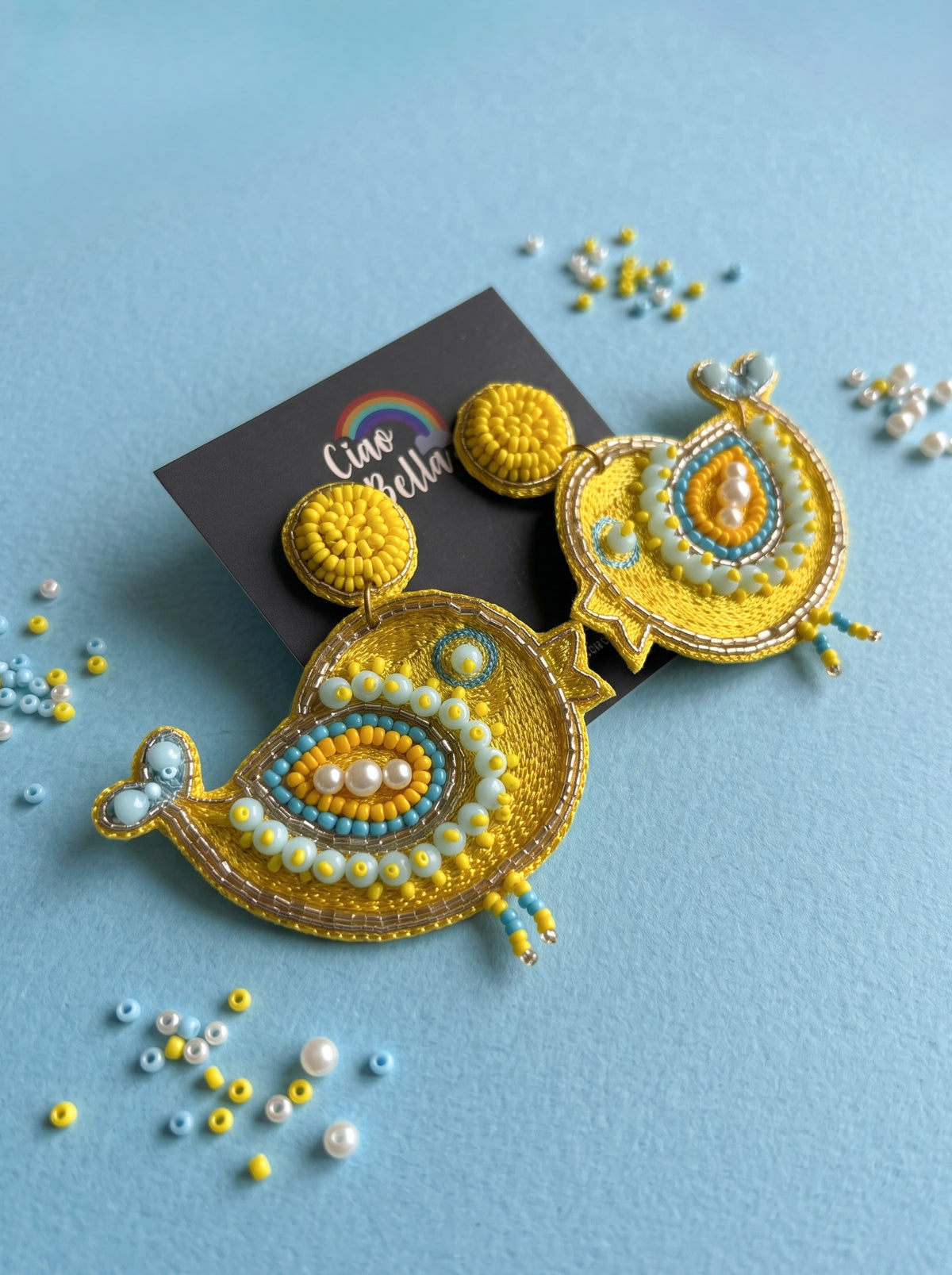 Chirpy Birdie Yellow Aqua Blue Handmade Beaded Earrings