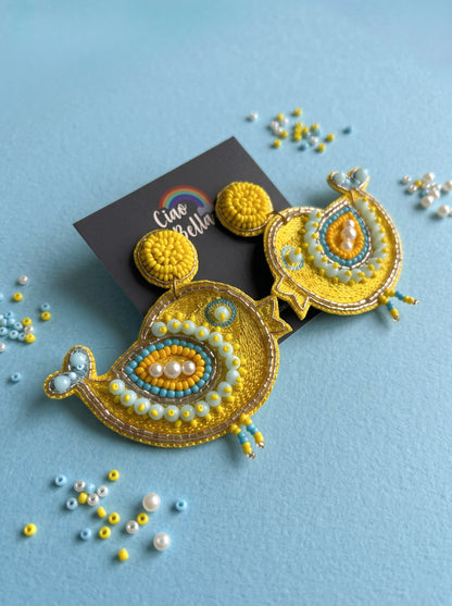 Chirpy Birdie Yellow Aqua Blue Handmade Beaded Earrings