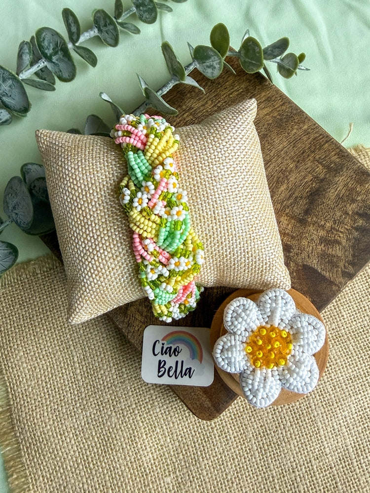 Luxe Flora Green Pink Yellow Handmade Beaded Bracelet + Ring Combo