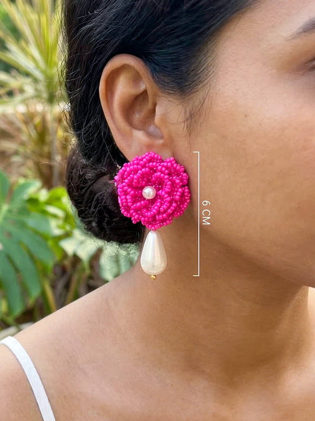 Crochet Pink 3D Rose Pearl Drops Flower Handmade Beaded Earrings