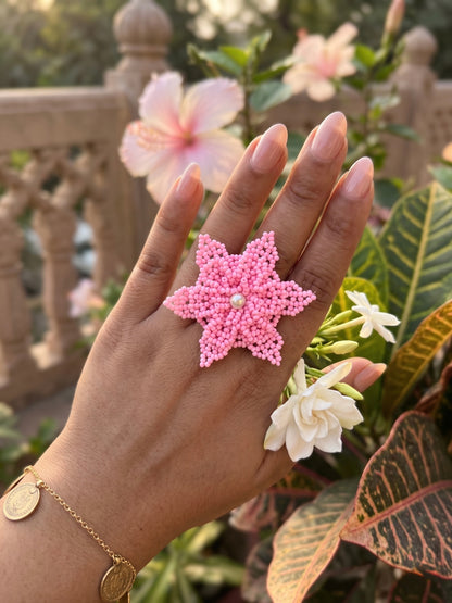Blush Pink Delicate Snowflake 3D Crochet Handmade Beaded Ring