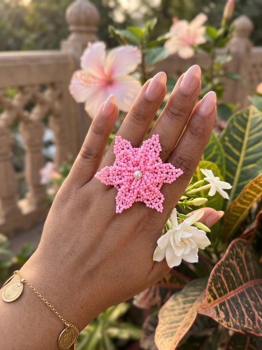 Blush Pink Delicate Snowflake 3D Crochet Handmade Beaded Ring