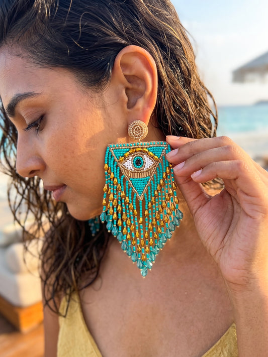 Luxe Evil Eye Teal Blue Handmade Beaded Tassel Earrings