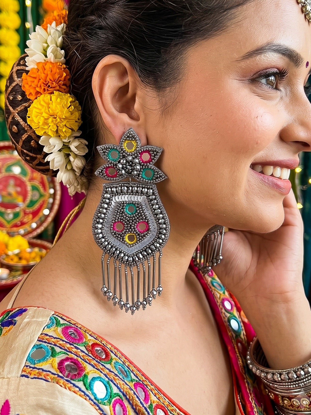 PhoolRaag Mirror Handmade Beaded Earrings
