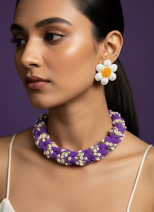 Luxe Flora Purple Handmade Beaded Necklace + Earrings Set