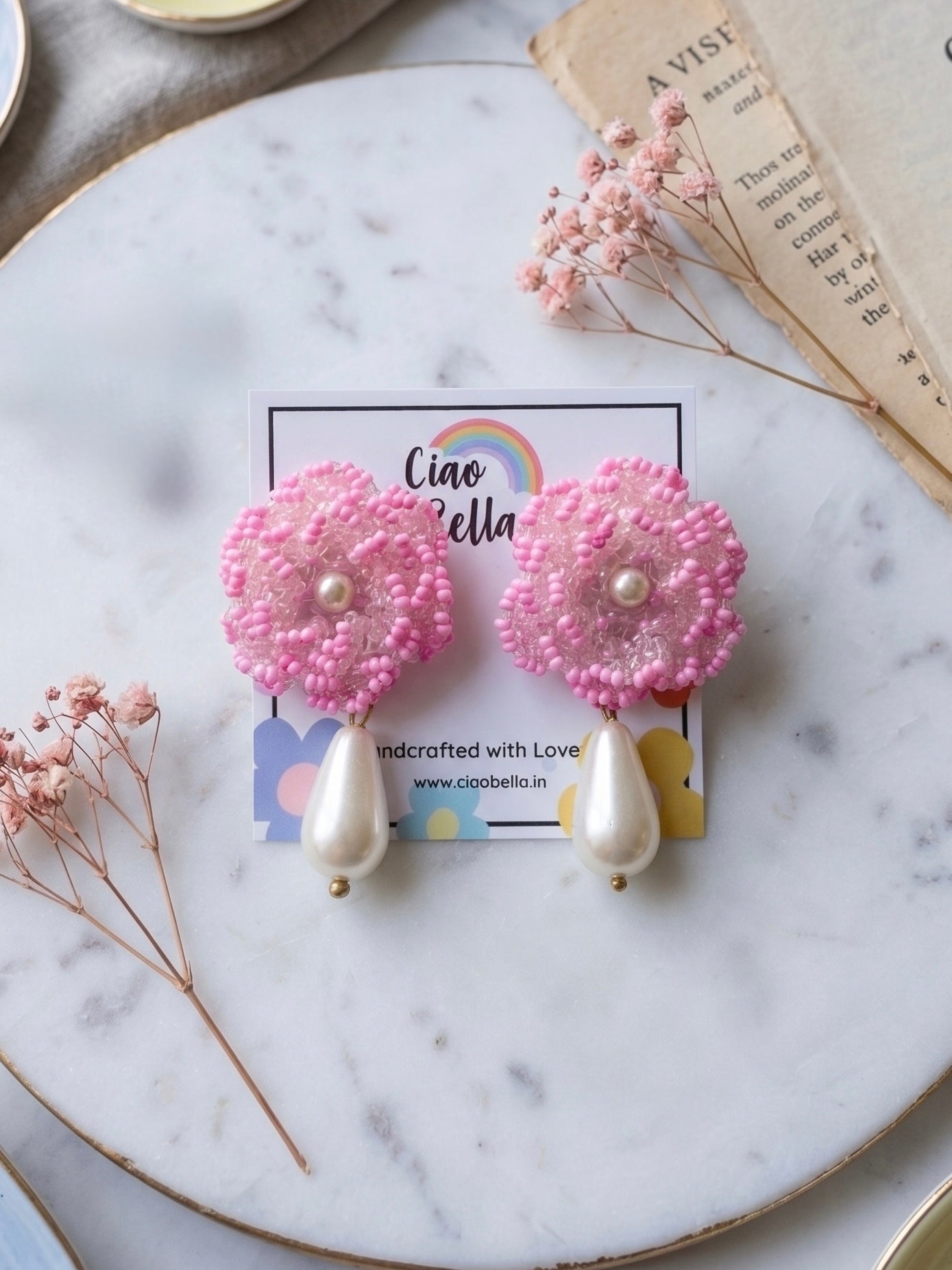 Crochet Blush Pink 3D Rose Pearl Drops Flower Handmade Beaded Earrings