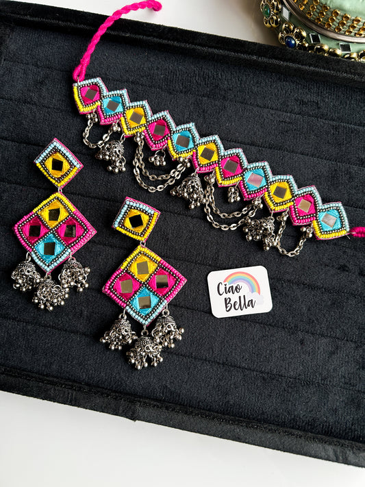 Rangrez Mirror Handmade Beaded Necklace & Earrings Set