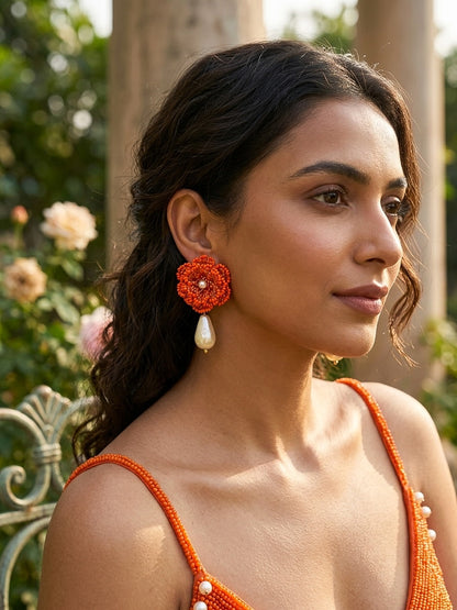 Crochet Orange 3D Rose Pearl Drops Flower Handmade Beaded Earrings