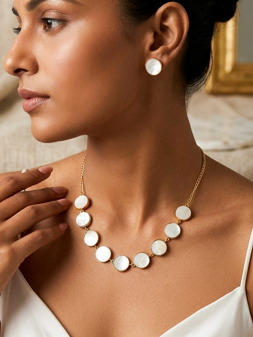Moonstone Mother of Pearl Handmade Brass Necklace + Stud Earrings Set